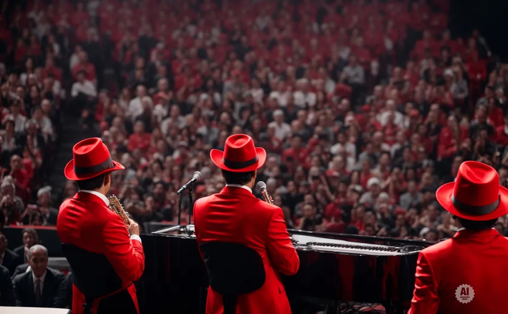 Musicians in red suits and hats play instruments on stage with a large red-clad audience behind them.