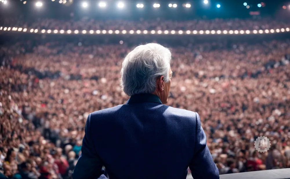 Man in suit facing a large, blurred audience under bright lights.