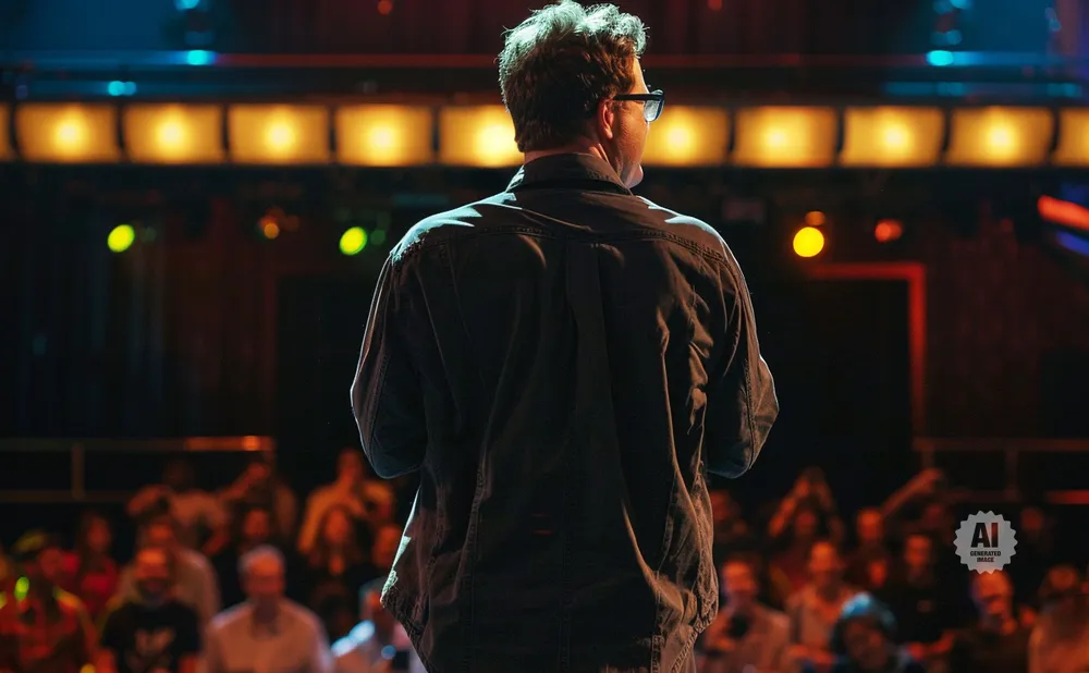 Man with glasses in dark shirt faces away from camera, standing before a blurred audience with stage lights behind him.