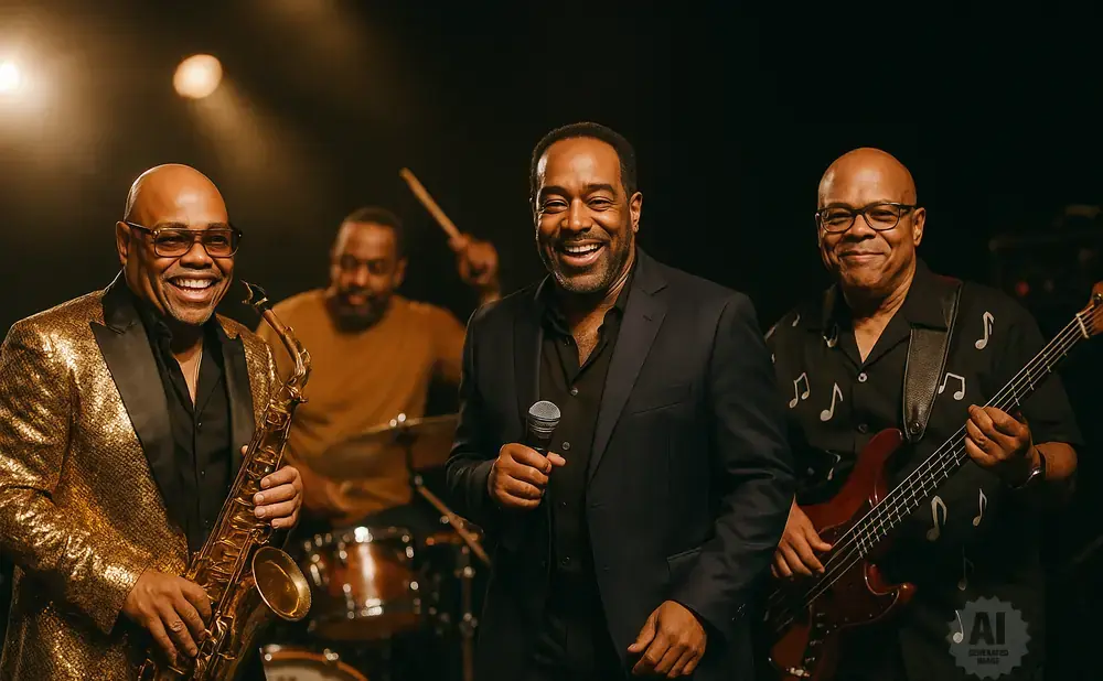 A jazz band performs with a saxophonist, singer, bassist, and drummer.