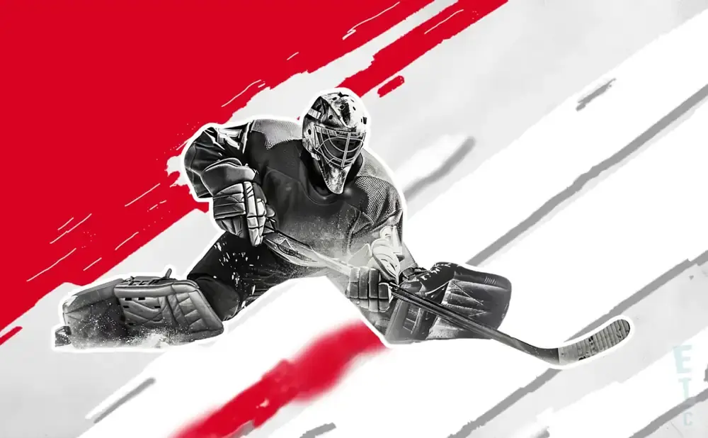 A hockey goalie in full gear slides to make a save, with red and white paint strokes in the background.