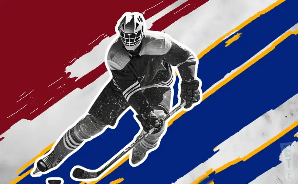 Black and white image of a hockey goalie in action, with red and blue background elements.