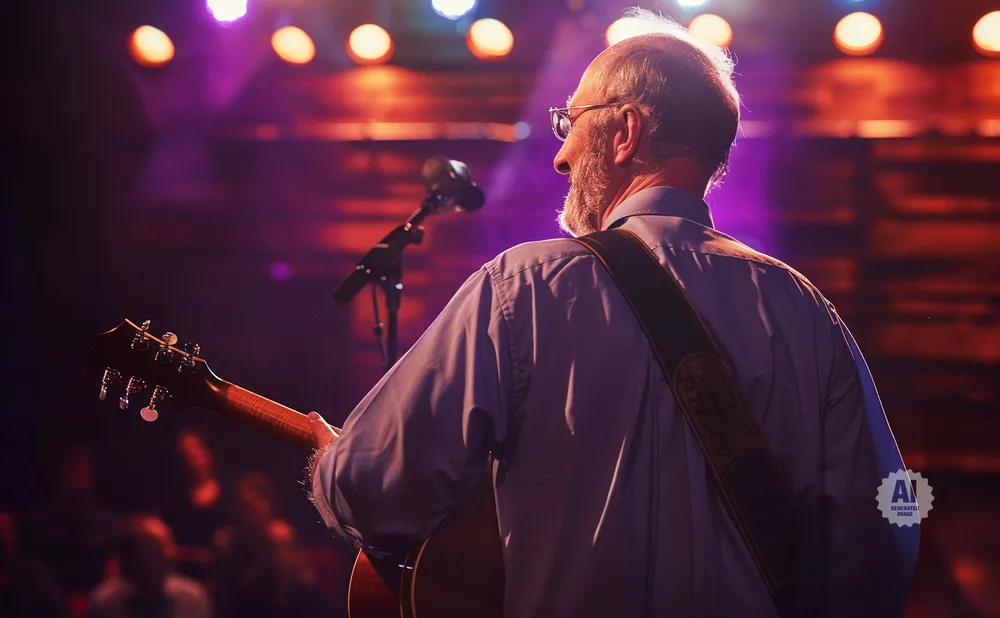 An older man with glasses and a beard plays an acoustic guitar on a dimly lit stage with purple and orange lights.