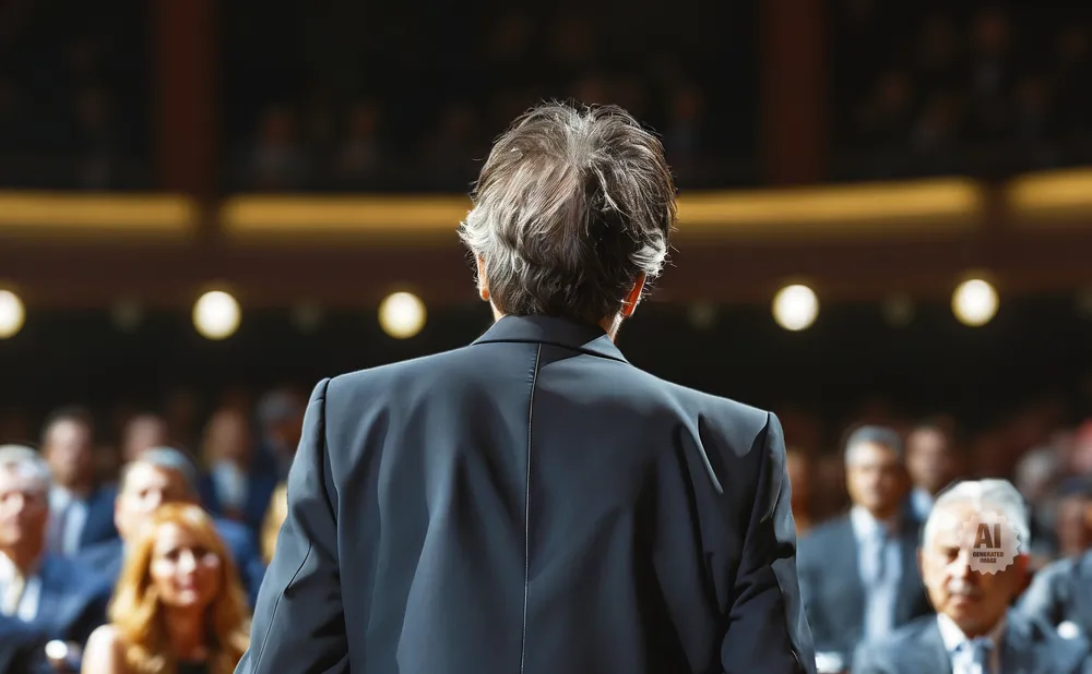 Man in a suit speaking to an audience in a dimly lit hall.