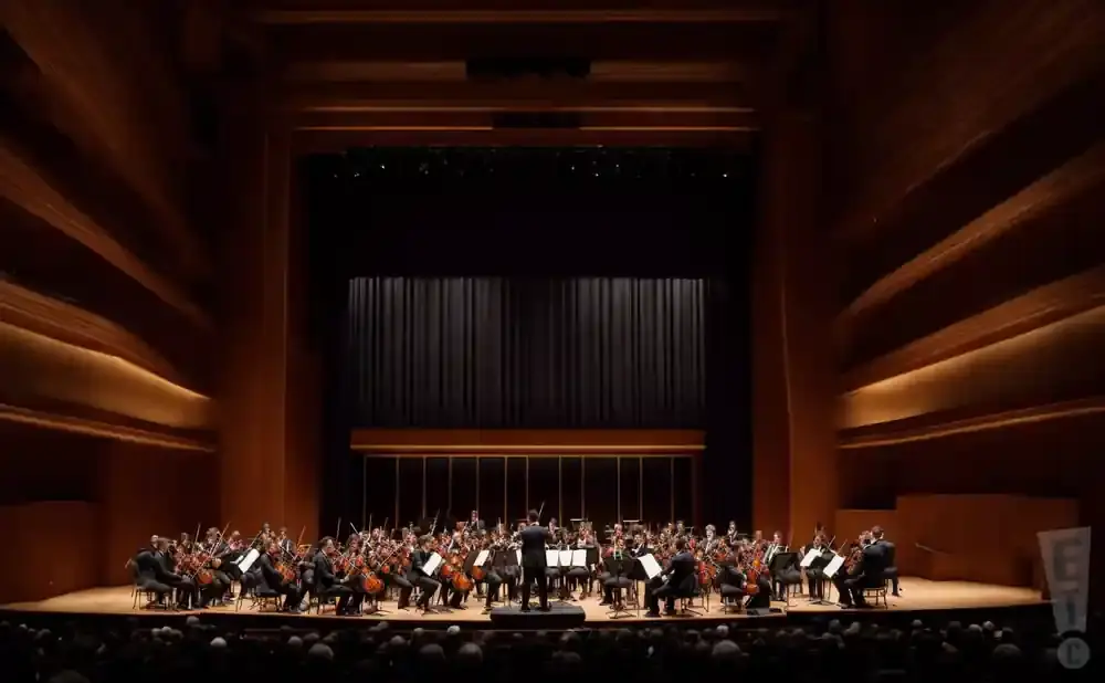 An orchestra performs on stage in a concert hall.