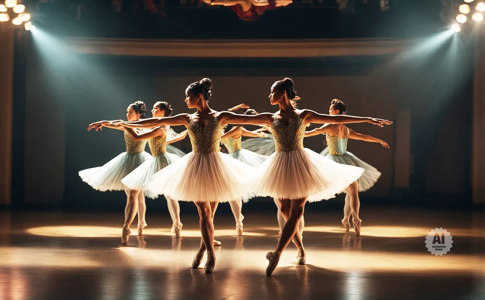 A group of ballerinas in tutus on stage, illuminated by spotlights.