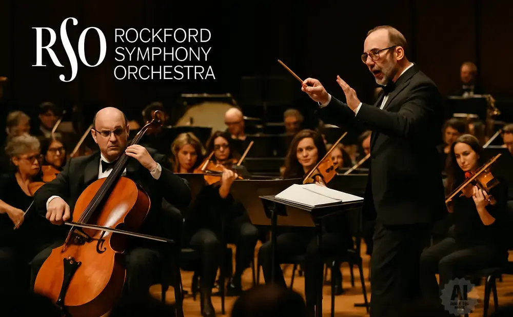 A conductor leads an orchestra playing cello and violins.