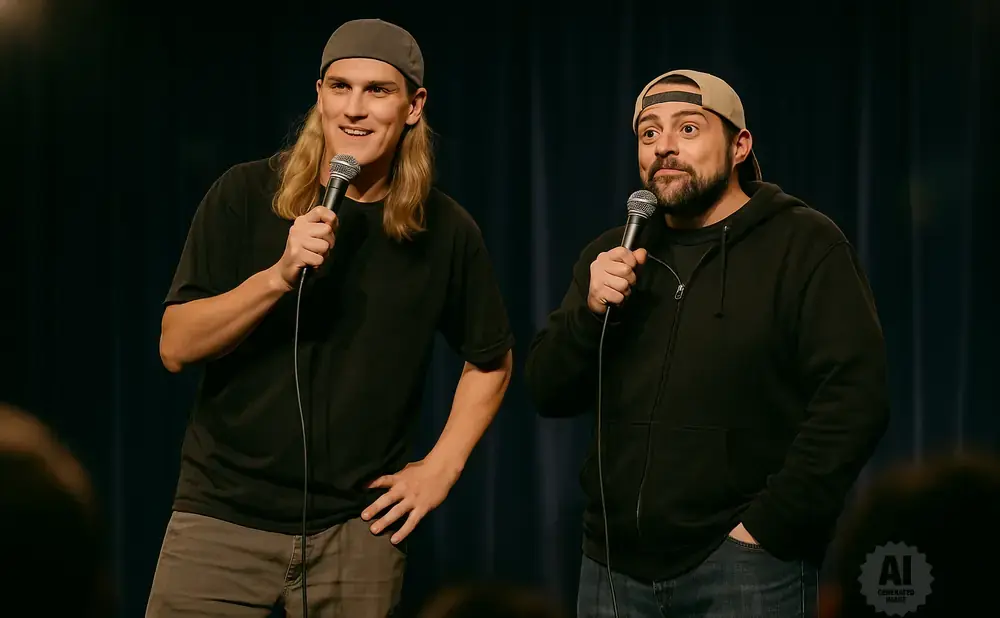 Two comedians on stage with microphones, one with long blonde hair and a grey cap, the other with a beard and a tan cap.