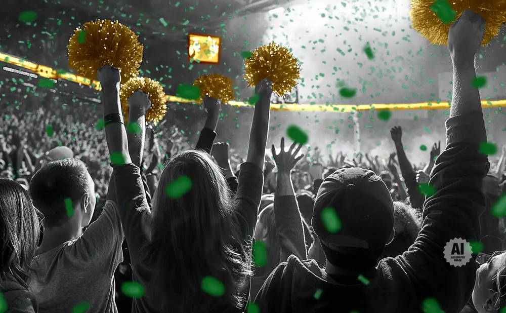 Crowd cheering at an event, with pom-poms and green confetti.