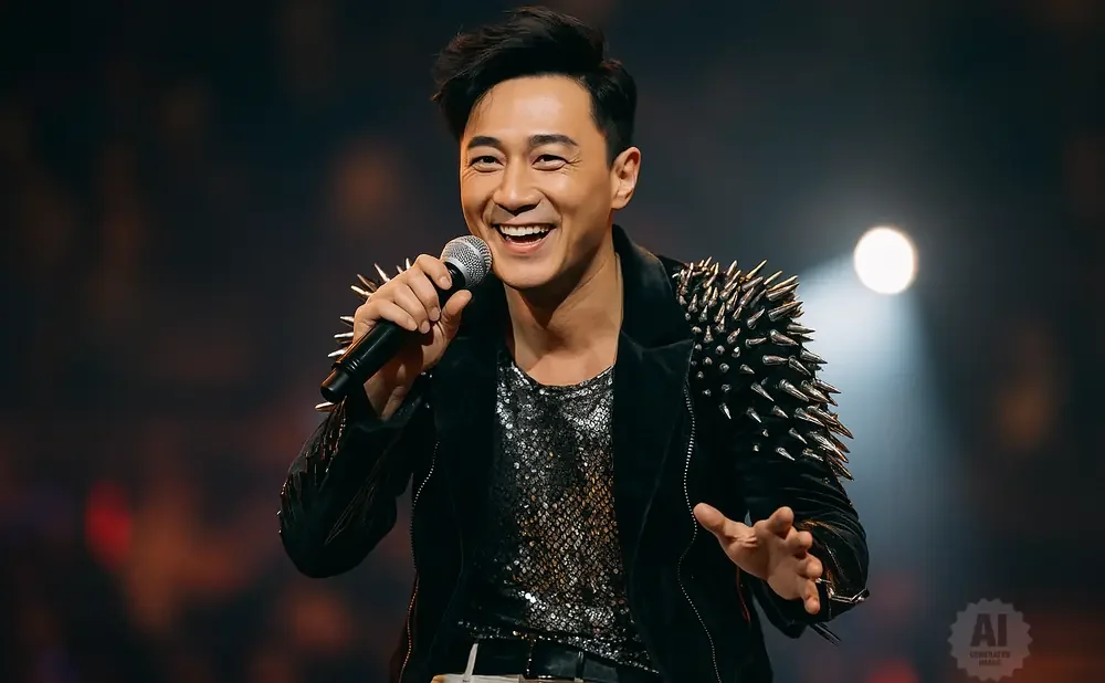 A man in a spiked jacket holds a microphone and smiles broadly while performing on stage.