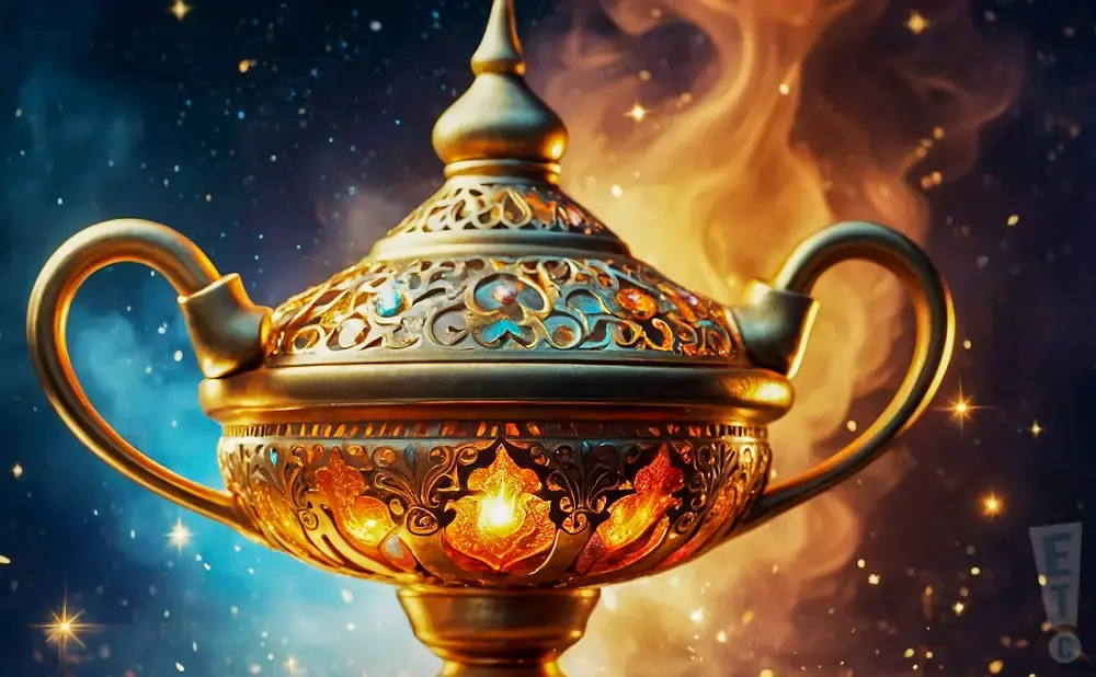A jeweled, golden genie lamp glows amidst a starry, smoky night sky.