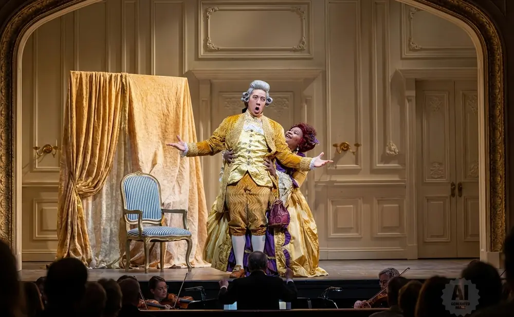 Opera singers on stage in elaborate costumes, with an orchestra in the foreground.