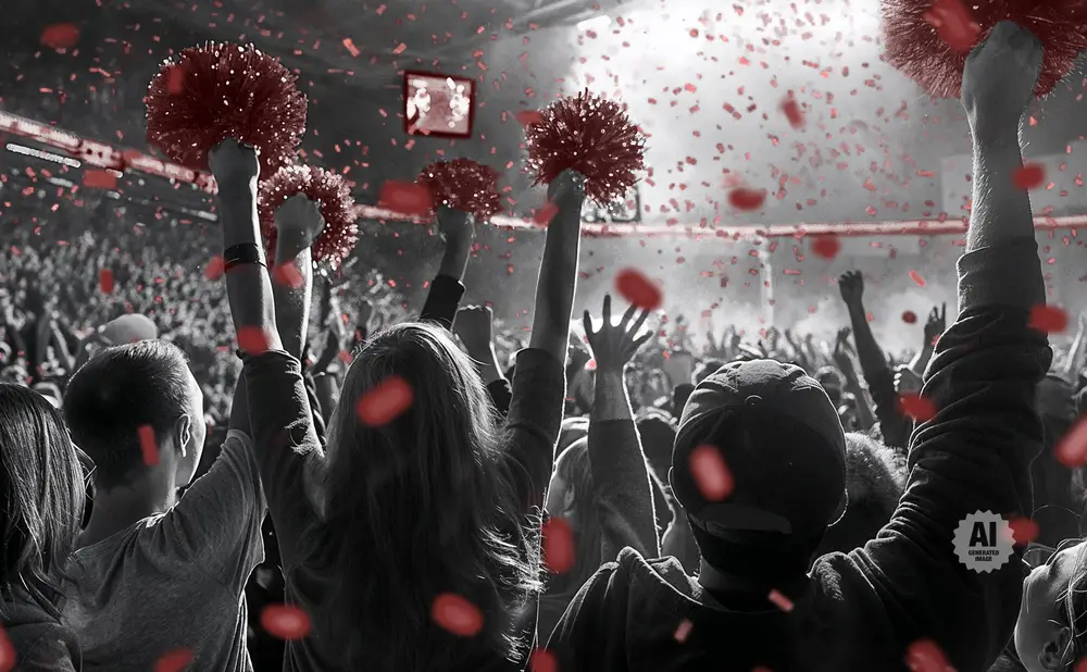 A crowd cheers with arms raised and pom-poms, as red confetti falls.