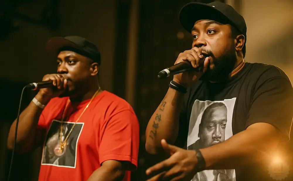 Two men in caps and t-shirts rap into microphones on stage.
