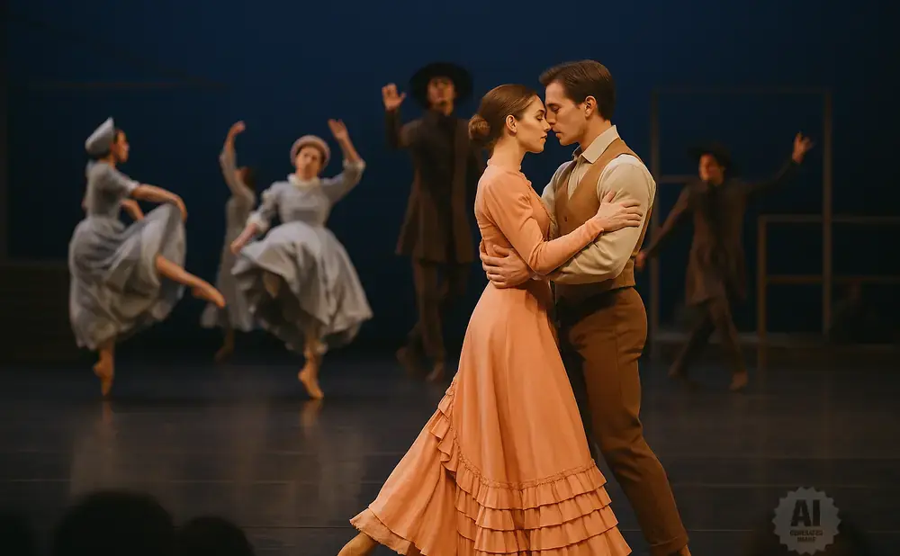 Ballet dancers in period costumes perform on stage. A couple in the foreground dances intimately, while others move in the background.