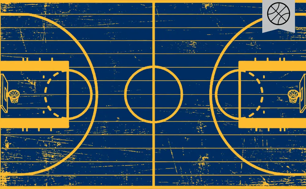 A distressed, dark blue basketball court with yellow lines and a basketball icon.