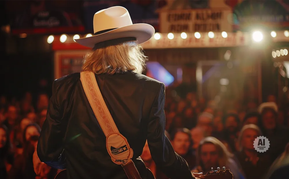 Musician in a white hat and black jacket plays guitar for a cheering crowd.