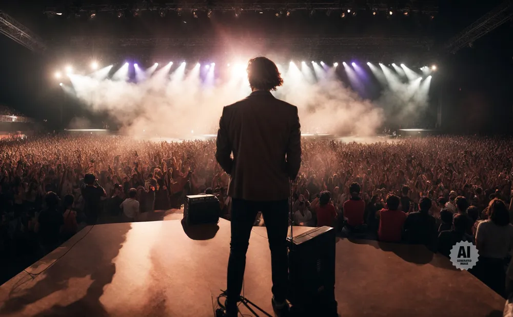 Man in suit on stage facing a large cheering crowd under bright stage lights.