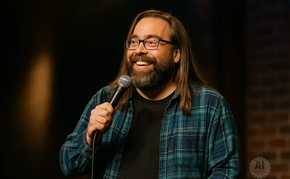 A man with glasses, a beard, and long hair laughs while holding a microphone, wearing a blue plaid shirt.