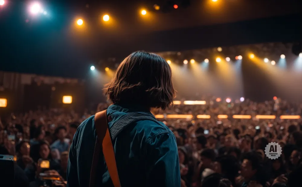 A musician with dark hair on stage, facing a large, cheering crowd under bright concert lights.