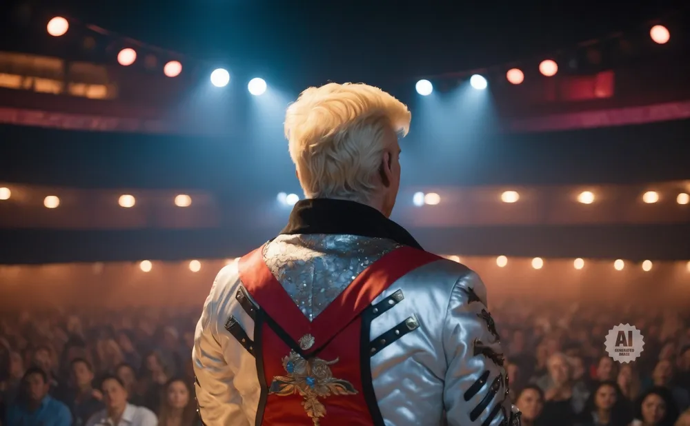 Man with blonde hair in a sparkly silver and red jacket on stage facing an audience.
