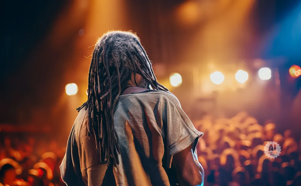 Musician with dreadlocks on stage, facing away from camera, with audience and stage lights in background.