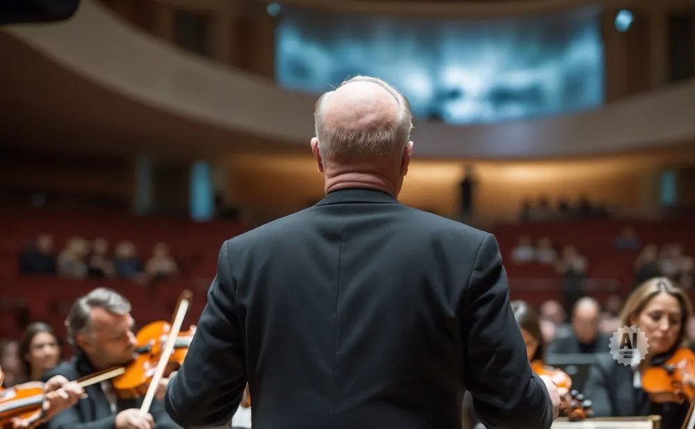 A conductor in a black suit facing an orchestra and audience in a concert hall.