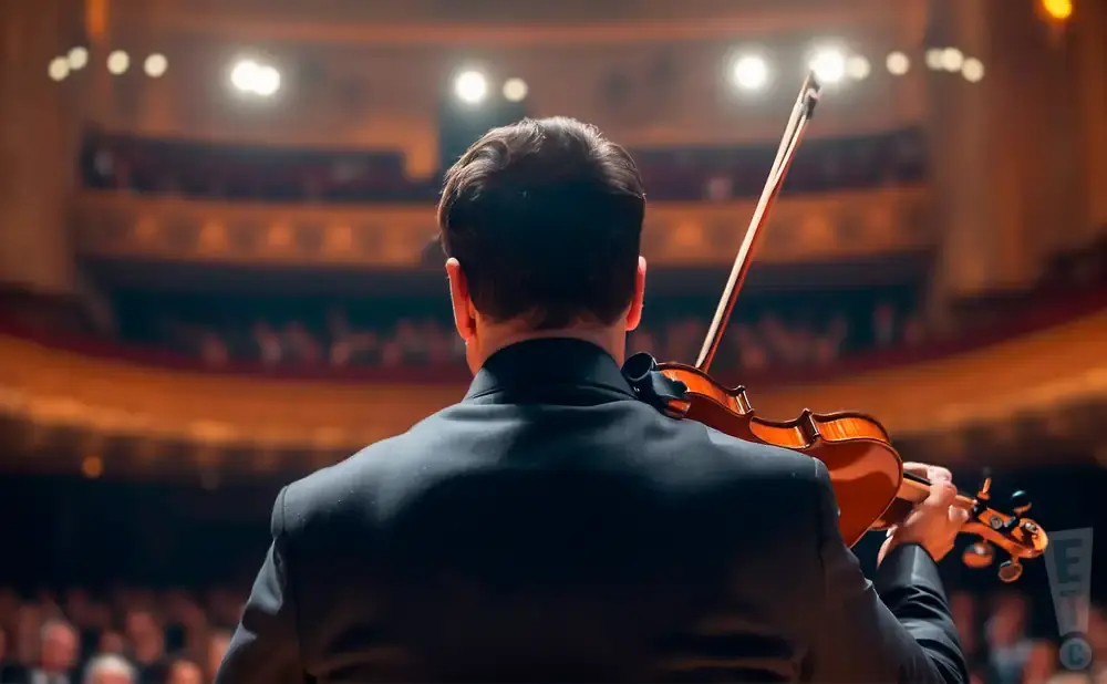 A violinist plays on stage in a grand theater with an audience visible in the background.