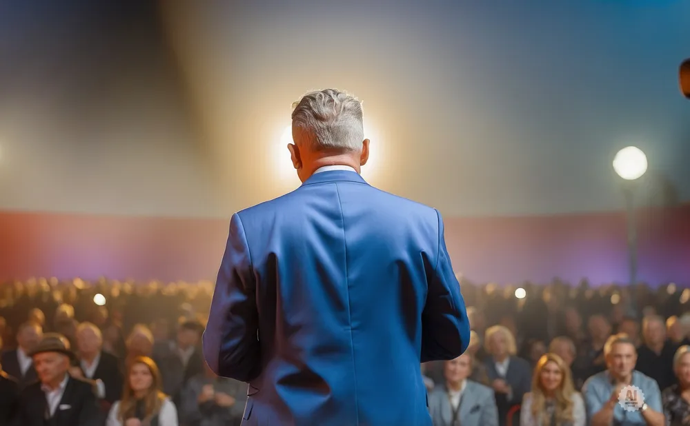 A man in a blue suit faces an audience, with a bright light behind him.