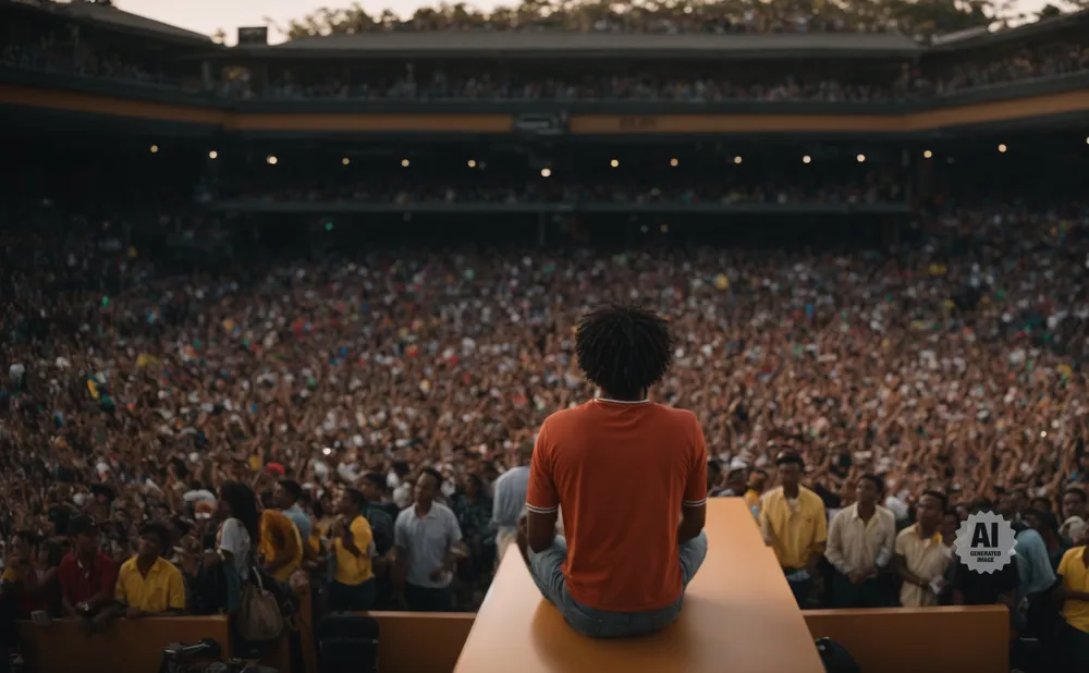 A person in an orange shirt sits facing a large, cheering crowd in a stadium.
