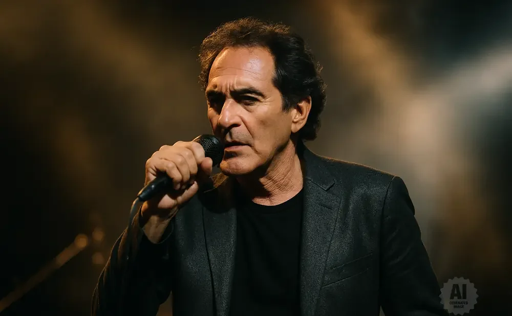 Man singing into a microphone on a stage.