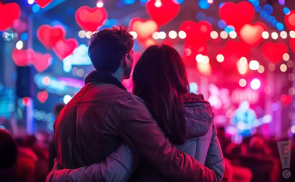 A couple embraces, silhouetted against a backdrop of red heart-shaped lights and blurred concert-goers.