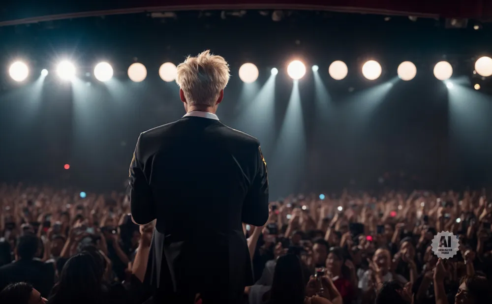 A performer in a suit stands on stage facing a cheering crowd with their phones raised.