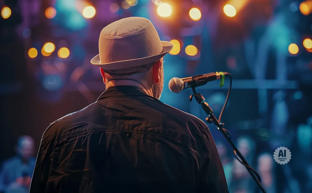 Man wearing a hat and black shirt facing away from the camera, standing in front of a microphone on stage with blurred lights.