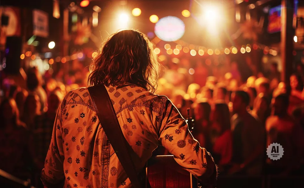 A musician with long hair on stage plays guitar for a blurry audience in a dimly lit venue.