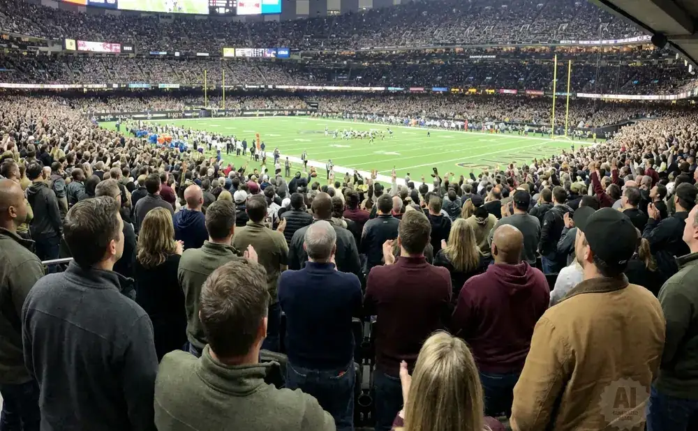 Spectators in a packed stadium watch a football game on a green field.
