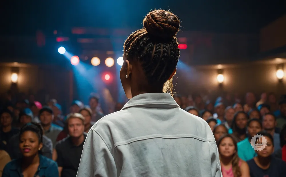 Woman with braided hair in a bun faces an audience in a dimly lit room with stage lights.