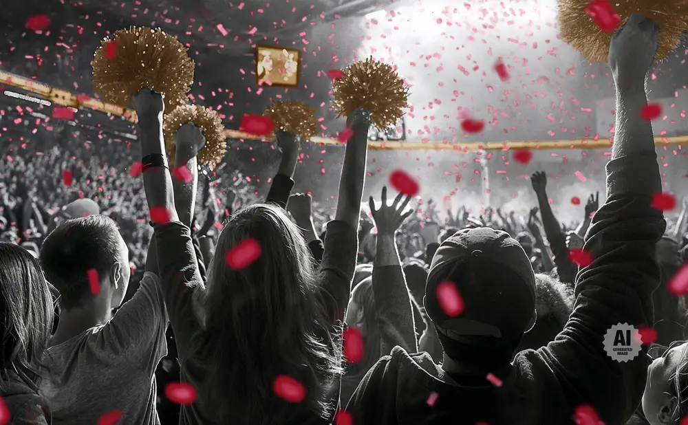 A crowd cheers, holding pom-poms and with red confetti falling.