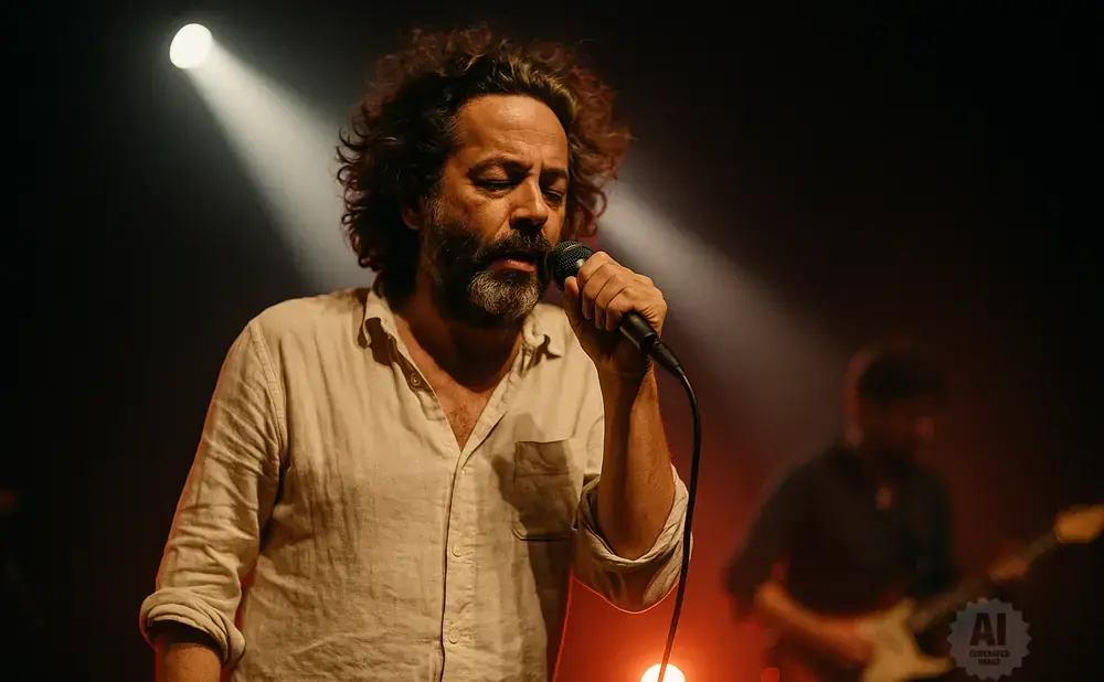 A man with curly hair and a beard sings into a microphone on a dimly lit stage, with a guitarist blurred in the background.