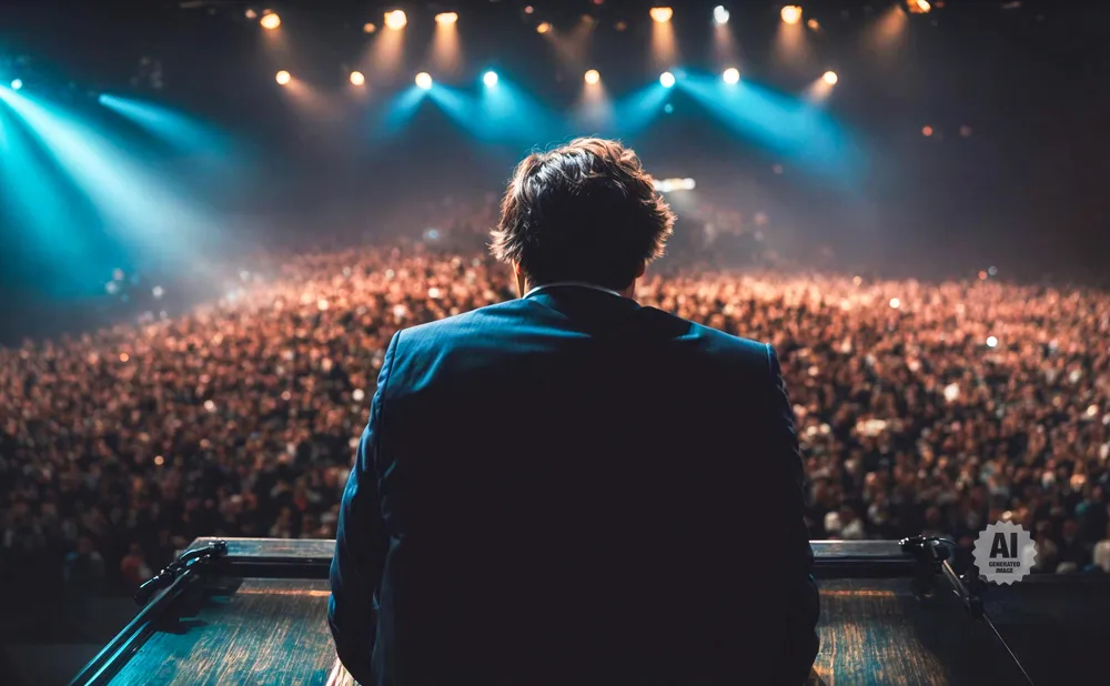 Man in a suit on stage addresses a large, excited crowd under bright stage lights.