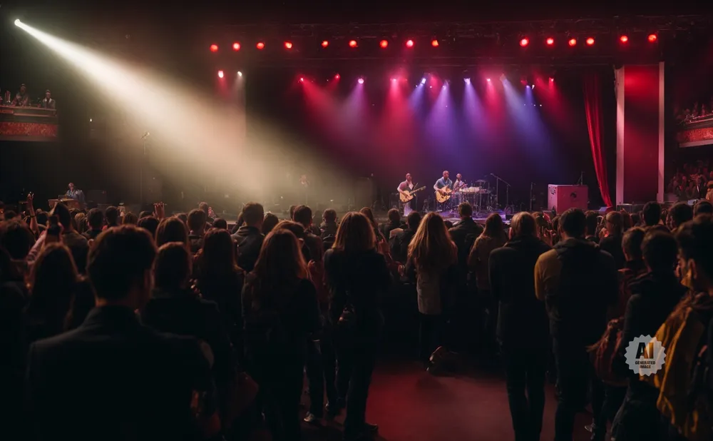 A band performs on a brightly lit stage to an audience at a concert.