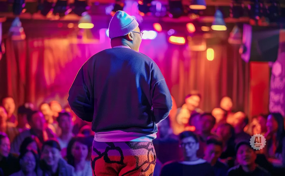 A person in a blue beanie and patterned pants stands on a stage facing a blurred audience in a dimly lit room.