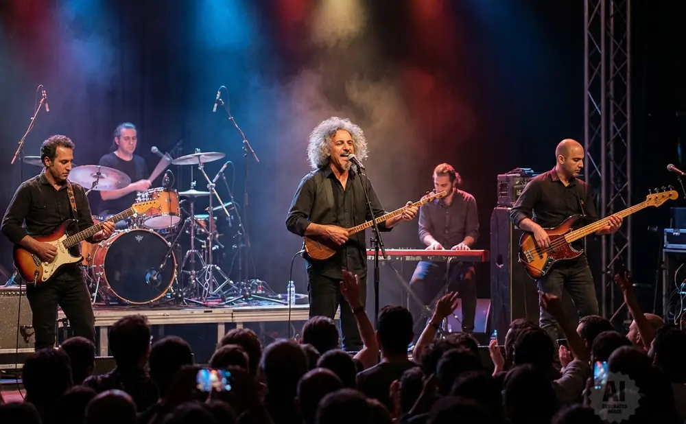 A band performs live on stage with a guitarist, singer, keyboardist, bassist, and drummer.