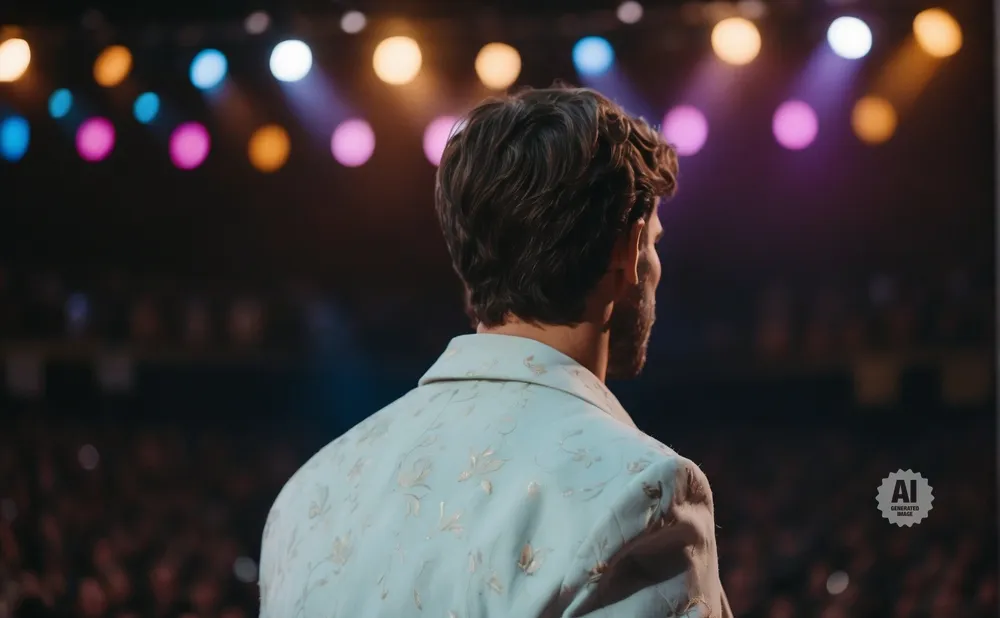 Man in a patterned suit looking towards a stage with colorful lights and an audience.