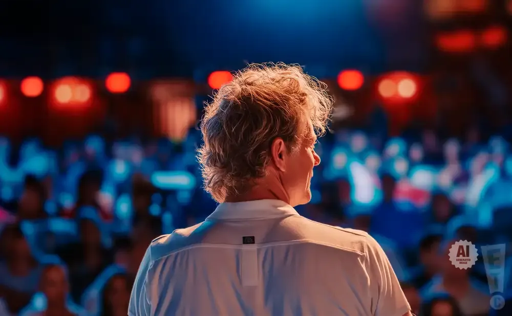 A man with curly hair faces away from the camera, speaking to a blurred audience under blue and red lights.