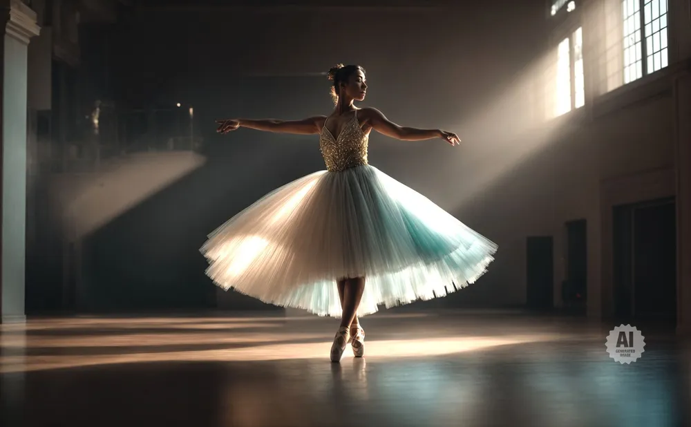 Ballerina in a lit studio, performing a graceful pose with arms outstretched and a flowing tutu.