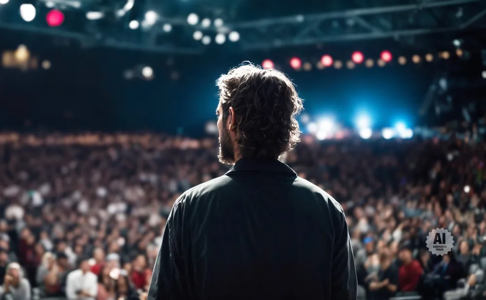 Man with curly hair stands on stage, facing a large audience at a concert or event.
