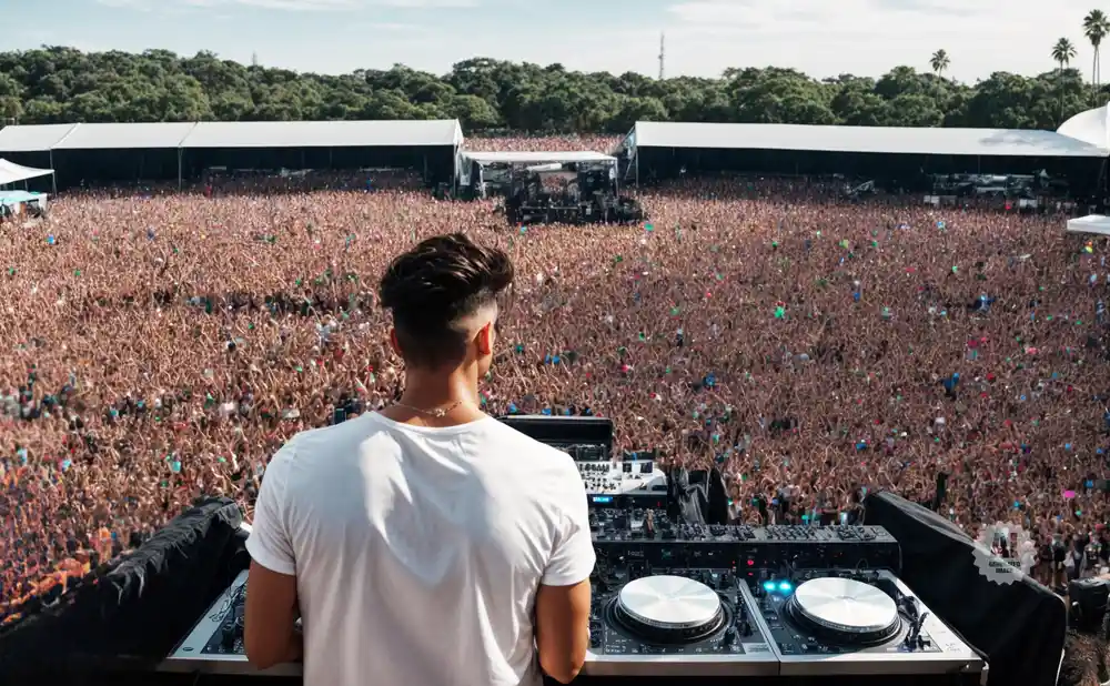 DJ playing for a massive crowd at an outdoor music festival.