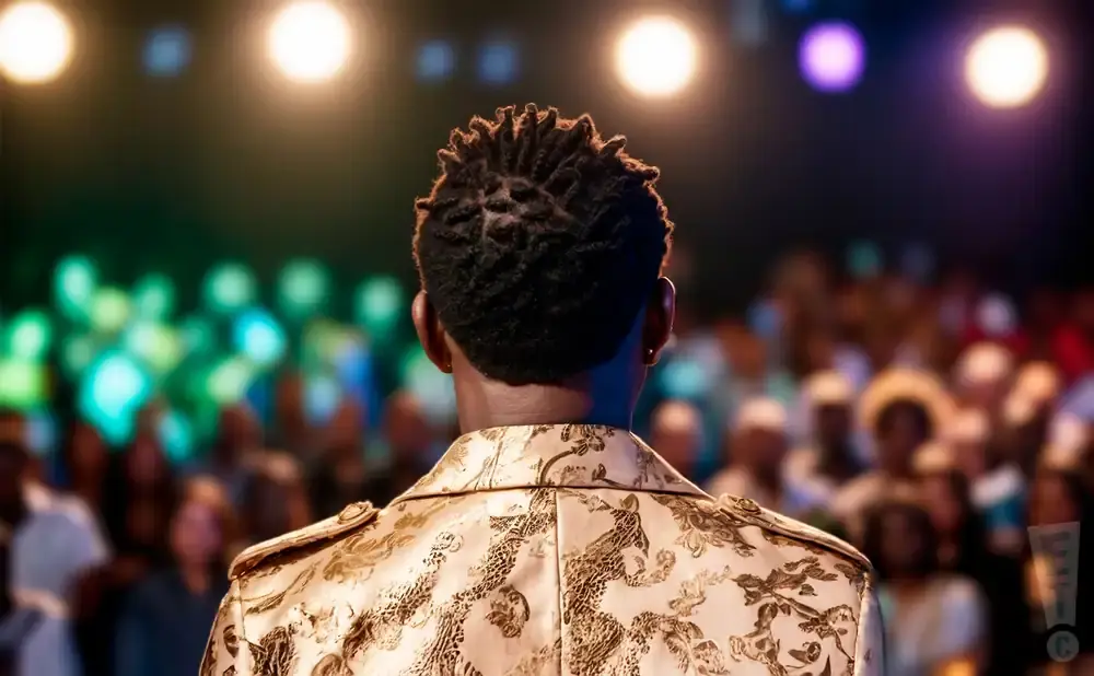 Back view of a person in a gold patterned jacket facing a blurred audience with stage lights.