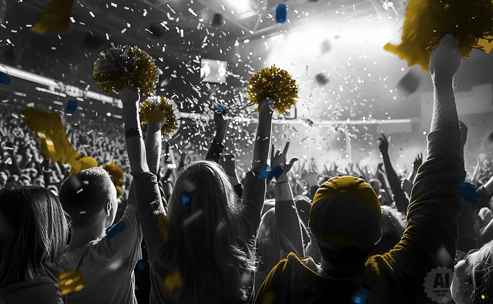 Crowd cheering with hands in the air, confetti falling, and yellow pom-poms.